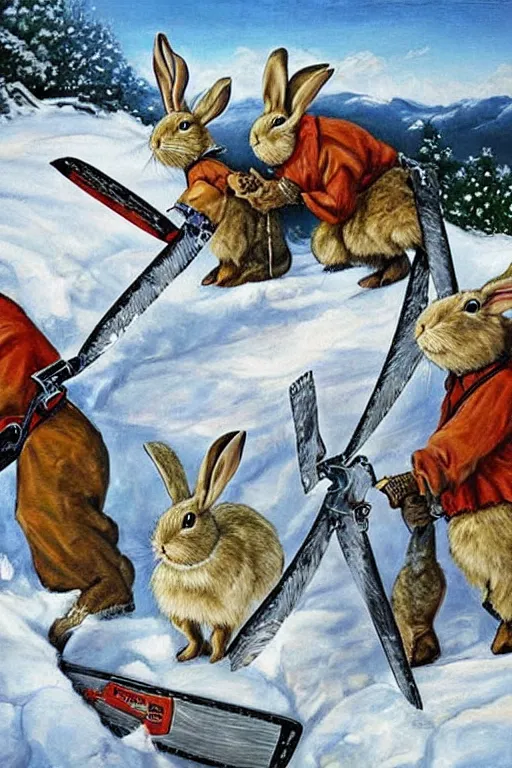 Image similar to rabbits with chainsaws on the snowy mountains. realist. high detail