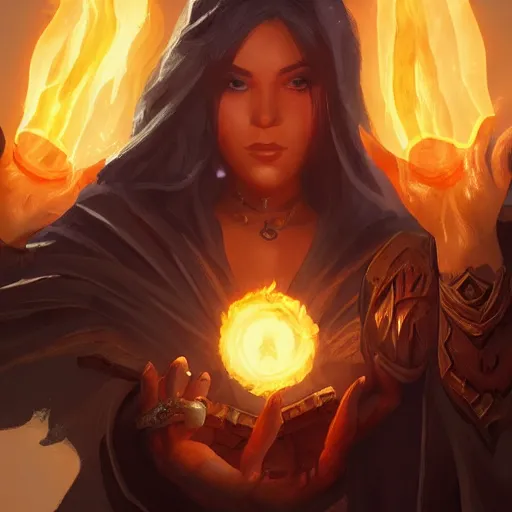 Prompt: The sorceress casting a fireball, colaboration of Hearthstone and Greg Rutkowski for Hearthstone