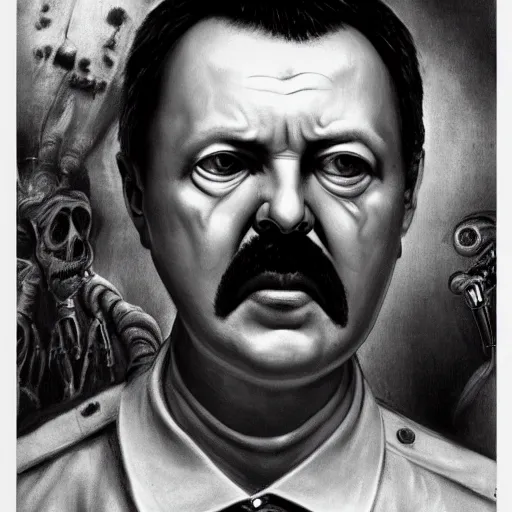 Image similar to Portrait by H.R.Giger of Igor Ivanovich Strelkov very degraded Abomination, photo-realistic, 2K, highly detailed, bodyhorror