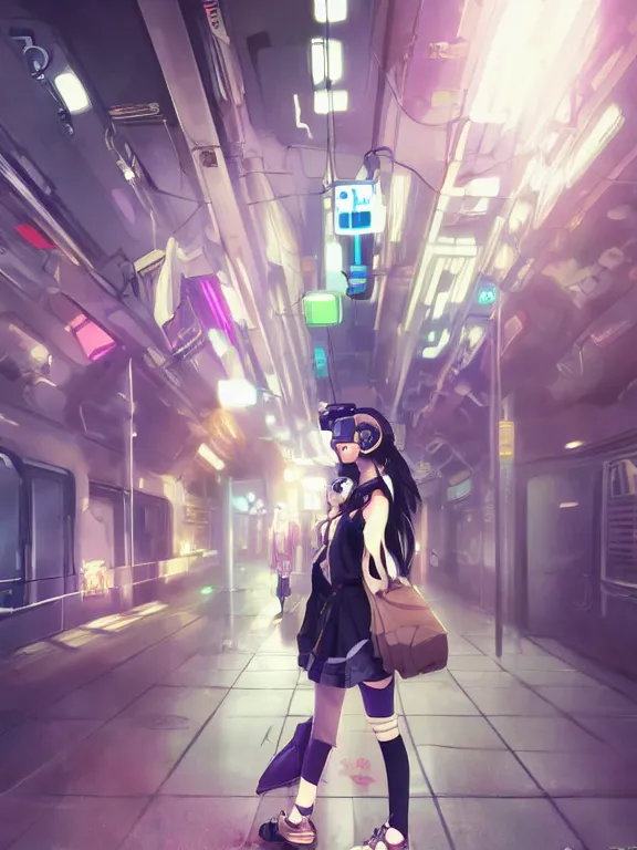 Prompt: an anime girl wearing a VR headset standing in a cyberpunk subway. By Makoto Shinkai, Stanley Artgerm Lau, WLOP, Rossdraws, James Jean, Andrei Riabovitchev, Marc Simonetti, krenz cushart, Sakimichan, trending on ArtStation, digital art.