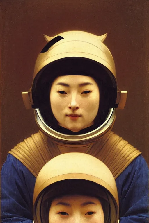 Image similar to portrait of a astronaut in samurai helmets, by bouguereau