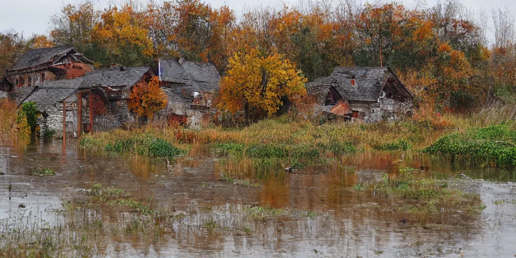 Prompt: abandoned village, autumn, flood, very detailed