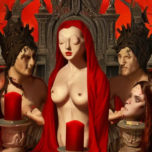 Image similar to the goddess of blood emerging, cultists watching, red hoods, candle lights, renaissance, baroque, gothic, high detail, 8 k