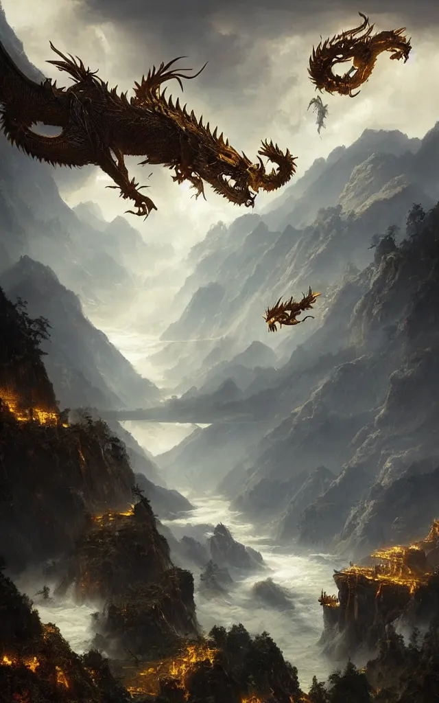 Image similar to high mountains and flowing water, stunning golden chinese dragon hovering, majestic and shocking scenes, thunder, magnificent fantasy scenes, the light of tyndall, james gurney, greg rutkowski, unreal engine, art station