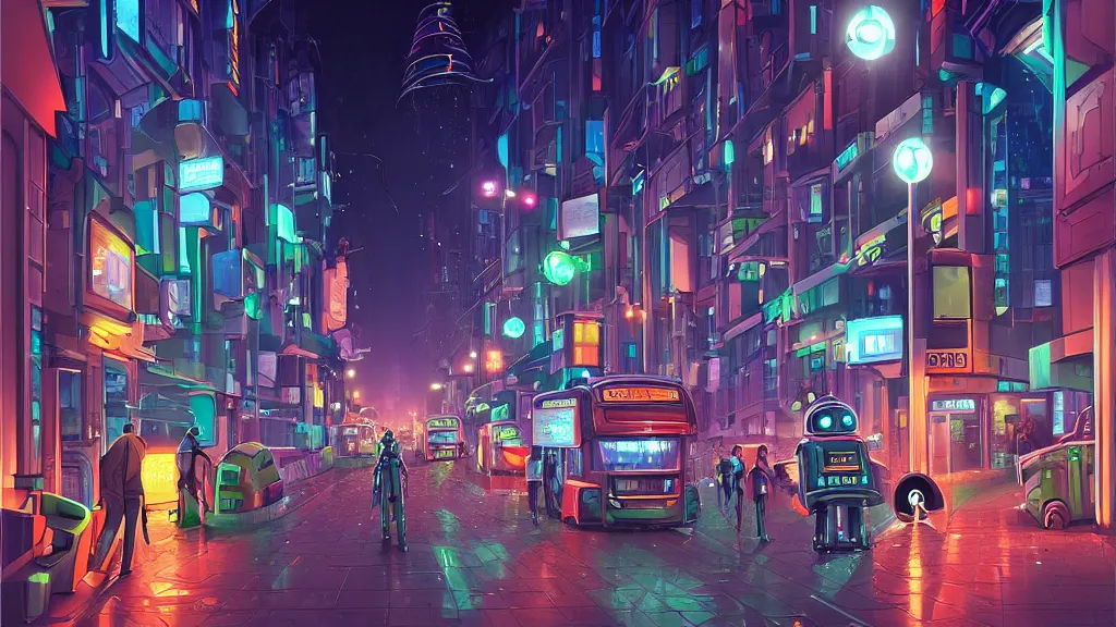 Image similar to street view of futuristic robot london city at night by cyril rolando and naomi okubo and dan mumford and zaha hadid. robots. robots walking the streets. advertisements for robots. robotic elegant lamps. robotic double decker bus.