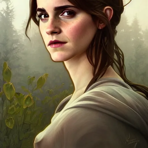 Image similar to emma watson robotic portrait of forest gog, male, clear face, symetrical, masculine, full body, muscular, fantasy, intricate, elegant, highly detailed, digital painting, artstation, concept art, matte, sharp focus, illustration, art by artgerm and greg rutkowski and alphonse mucha