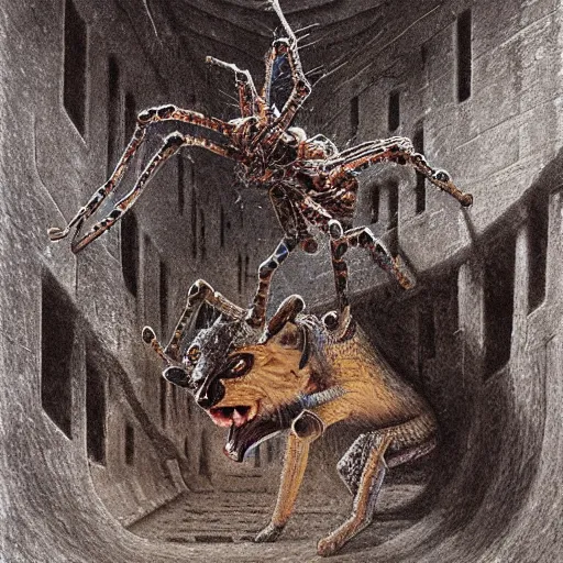 Prompt: spider morphed with a hyena, in sewer, highly detailed beksinski art
