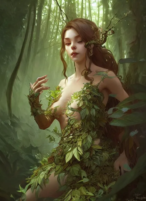 Image similar to a cute forest elemental, with fingers, fantasy, intricate, elegant, highly detailed, digital painting, artstation, concept art, wallpaper, smooth, sharp focus, illustration, art by artgerm and greg rutkowski and alphonse mucha