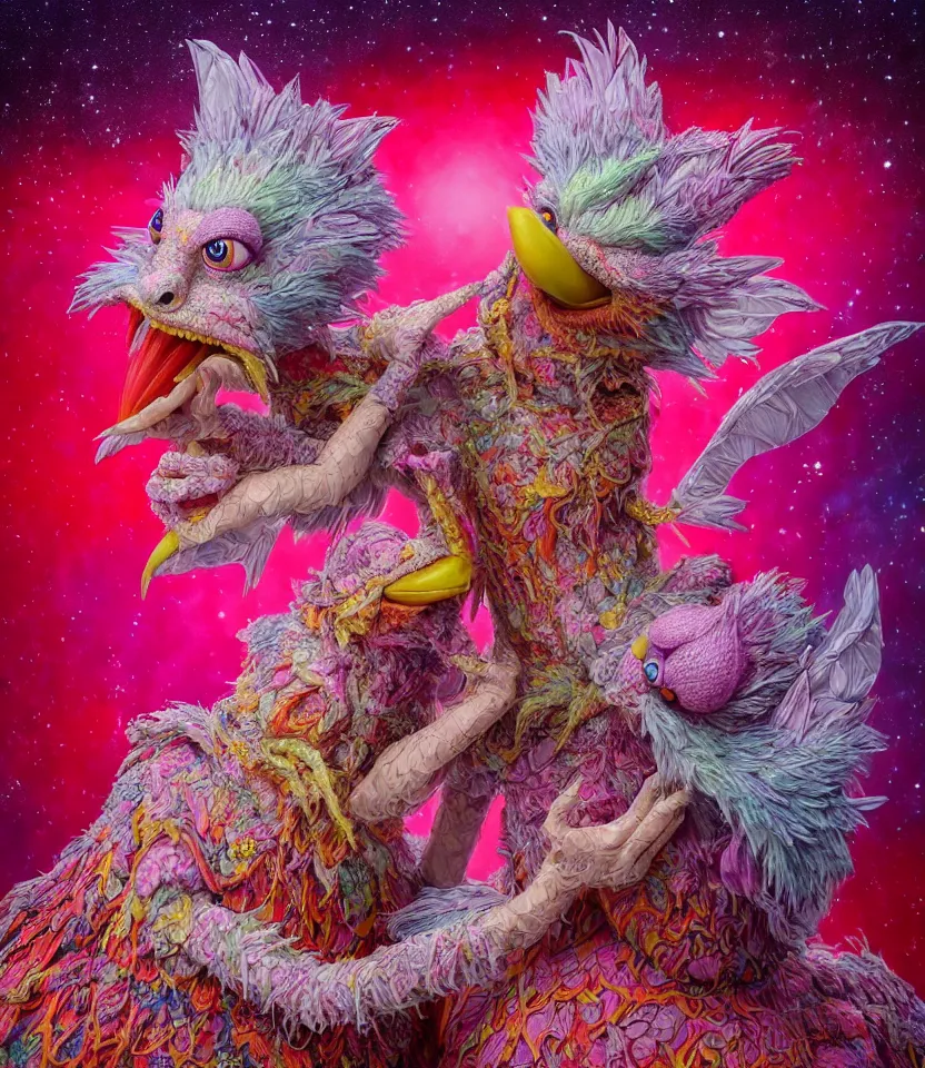 Prompt: hyper detailed 3d render like a Oil painting - kawaii portrait of sisters Aurora (a beautiful girl skeksis muppet fae princess protective playful expressive acrobatic from dark crystal that looks like Anya Taylor-Joy) seen red carpet photoshoot in UVIVF posing in scaly dress to Eat of the Strangling network of yellowcake aerochrome and milky Fruit and His delicate Hands hold of gossamer polyp blossoms bring iridescent fungal flowers whose spores black the foolish stars by Jacek Yerka, Ilya Kuvshinov, Mariusz Lewandowski, Houdini algorithmic generative render, golen ratio, Abstract brush strokes, Masterpiece, Edward Hopper and James Gilleard, Zdzislaw Beksinski, Mark Ryden, Wolfgang Lettl, hints of Yayoi Kasuma and Dr. Seuss, Grant Wood, octane render, 8k