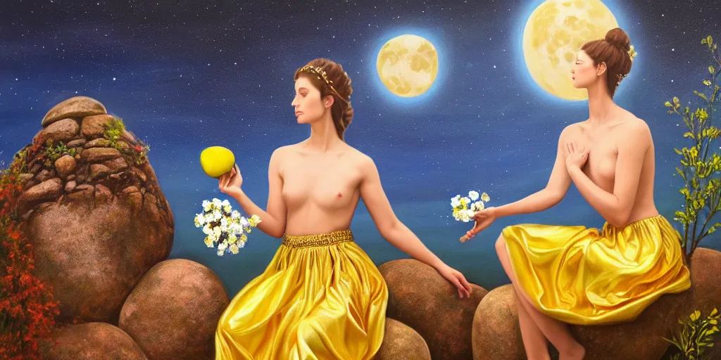 Prompt: very realistic beautiful painting of a goddess wearing a short metallic golden skirt holding flowers and levitating a pear, sun on the left moon on the right as she is sitting on a rock at night time, realistic 8K HD