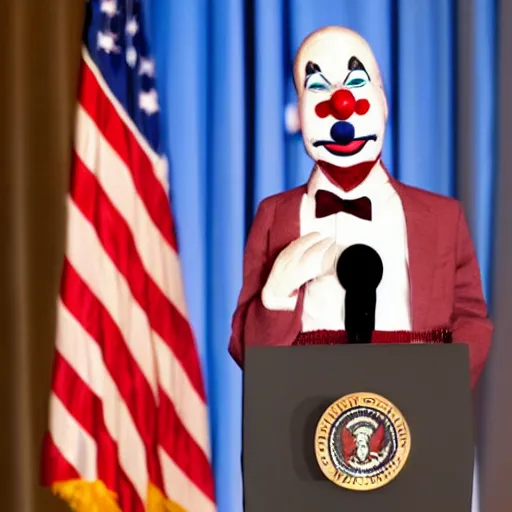 Image similar to string puppet of a president with clown makeup in a podium and a human shadow behind