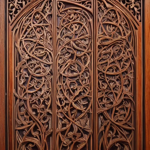 Prompt: a 3 d wooden mahogany art nouveau carved sculpture of a delicate tracery pattern, intricate and highly detailed, well - lit, ornate, realistic, polished with visible wood grain