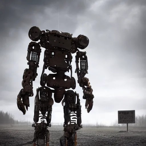 Prompt: A rundown large humanoid robot, full body, uncaring, bleak tone, post apocalyptic, Nuttavut Baiphowongse, Mark Armstron, amad, rendered by octane, 8k, ultra 8k, hyper realistic, photorealistic, photo