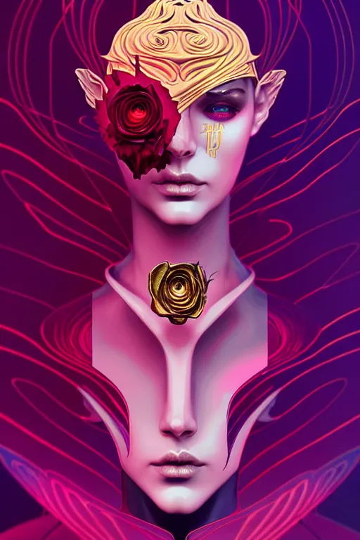 Image similar to 👁🌹👾, phantom, dreary, dramatic, fluid, golden ratio, artstation, moebius + loish, hd,