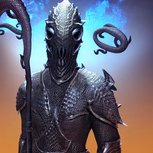 Image similar to detailed hypperrealistic artstation render, full body front view of a scaly black cloaked man, wearing a metallic blue squid mask. he holds in his hand a large knights blue greatsword, in addition tentacles emerge from his back like wings