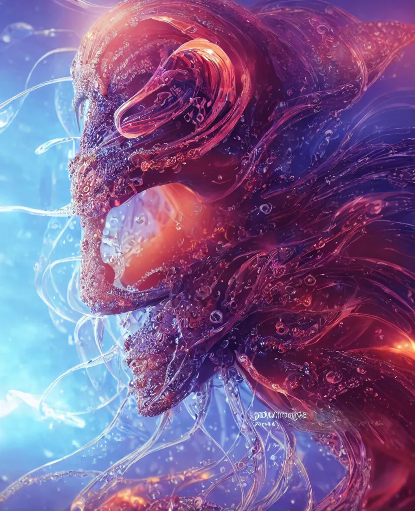 Image similar to close-up macro portrait of the face of a beautiful princess, epic angle and pose, symmetrical artwork, 3d with depth of field, blurred background, cybernetic jellyfish female face skull phoenix bird, translucent, nautilus, energy flows of water and fire. a highly detailed epic cinematic concept art CG render. made in Maya, Blender and Photoshop, octane render, excellent composition, cinematic dystopian brutalist atmosphere, dynamic dramatic cinematic lighting, aesthetic, very inspirational, arthouse. y Greg Rutkowski, Ilya Kuvshinov, WLOP, Stanley Artgerm Lau, Ruan Jia and Fenghua Zhong