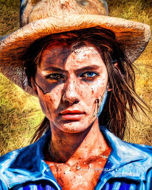 Image similar to acrylic portrait of scarred cowgirl, high production value, intricate details, high resolution, hdr, high definition, masterpiece, realistic, ultrarealistic, highly detailed, hd, sharp focus, non blurry, sharp, smooth