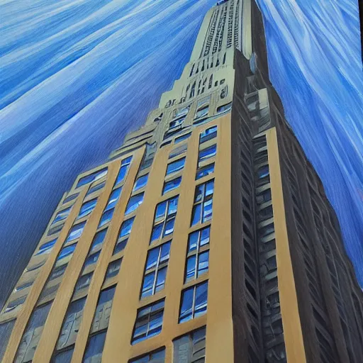 Image similar to an hyper - realist oil painting of water flowing from windows, the empire state building's windows, from below, wide angle, new york background, detailled, sharp focus, realistic, trending on artstation, cg society, 8 k, unreal