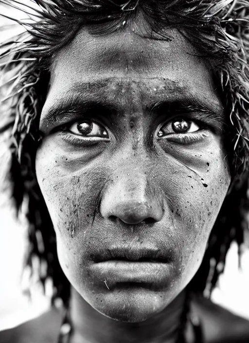 Image similar to Award winning Editorial photo of a Native Nauruans with incredible hair and beautiful hyper-detailed eyes wearing traditional garb by Lee Jeffries, 85mm ND 5, perfect lighting, gelatin silver process