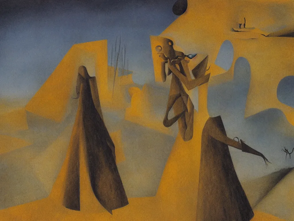 Prompt: scene with figure in the desert. painting by remedios varo