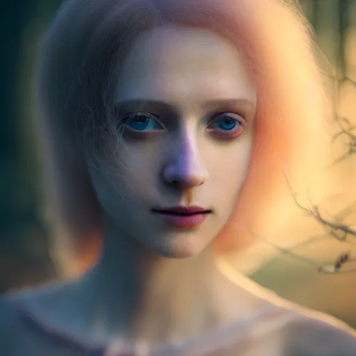 Image similar to photographic portrait of a stunningly beautiful english emo renaissance female in soft dreamy light at sunset, summer forest, soft focus, contemporary fashion shoot, in a denis villeneuve and tim burton movie, by edward robert hughes, annie leibovitz and steve mccurry, david lazar, jimmy nelsson, extremely detailed, breathtaking, hyperrealistic, perfect face, octane render