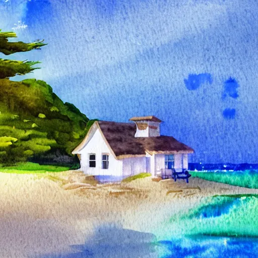 Prompt: cottage on the beach; realistic watercolor scene, dynamic lighting and ocean condition