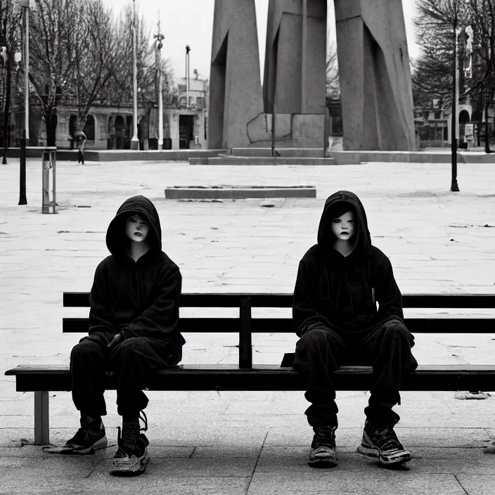 Image similar to storyboard : sadie sink in hoodie sat down on bench in ruined square, pedestrians walk by, old soviet monument nearby. scifi cyberpunk. by gabriel hardman. cinematic atmosphere, detailed and intricate, perfect anatomy