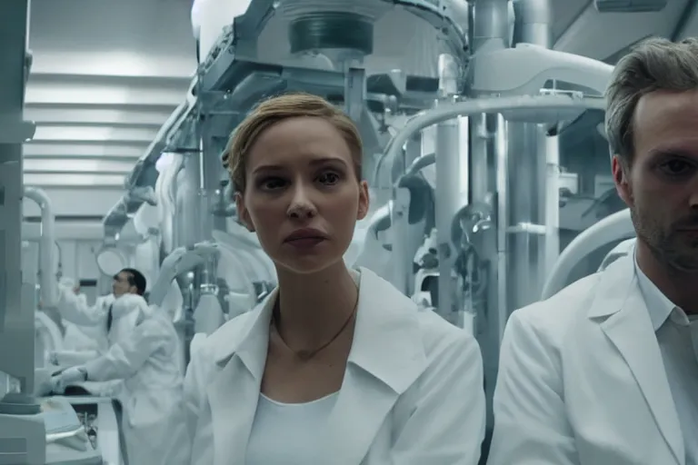 Image similar to movie closeup polar opposites, couple, researchers in a futuristic weapons lab, beautiful skin, Symmetrical faces. Beautiful lighting by Emmanuel Lubezki