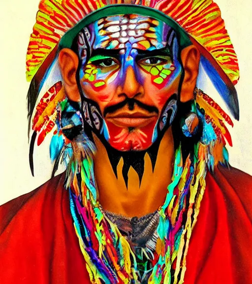 Prompt: Portrait of a shaman dressed in a colorful traditional clothes. His face is painted. Painting in the style of alex grey