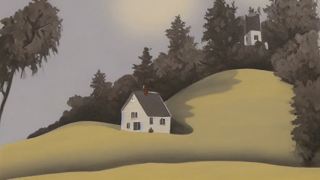 Image similar to a beautiful painting by Charles Addams of a house on a lonely hill, trending on artstation