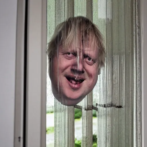 Prompt: a photo taken from the inside of an old house showing window blinds being pulled back to reveal a terrifying boris johnson with his face pressed against the window, boris ’ hand placed on the window, horrifying grin. horror, raining, night time