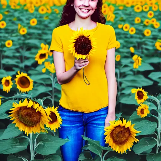 Image similar to Portrait, Illustration of a Ukrainian girl Smiling at the camera, Beautiful pretty young, flowers in her dark hair, Scene: Sunflower field, Colors: Yellow sunflowers, blue cloudy sky, In a style of Miniature World