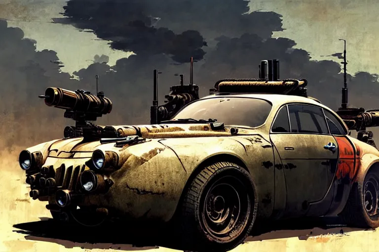 Image similar to dieselpunk mad max alpine a 1 1 0 with guns installed, painted by greg rutkowski makoto shinkai takashi takeuchi studio ghibli, akihiko yoshida