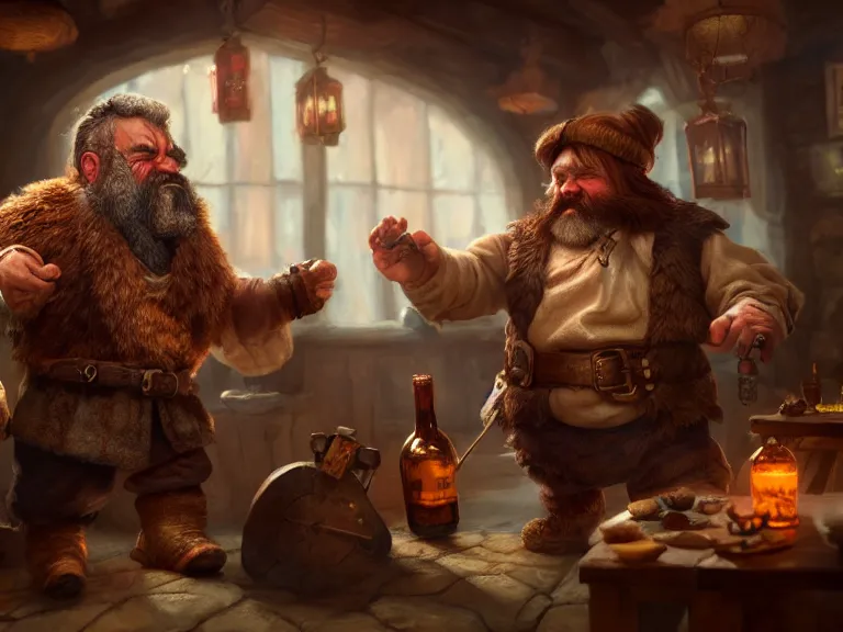 Image similar to Drunk Dwarf and his Bear start a fight at the Tavern, RPG Portrait, Oil Painting, Trending on Artstation, octane render, Insanely Detailed, 8k, HD