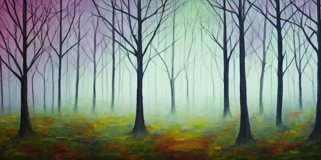 Image similar to beautiful painting of a forest at dawn with muted colourful sky, over the garden wall style