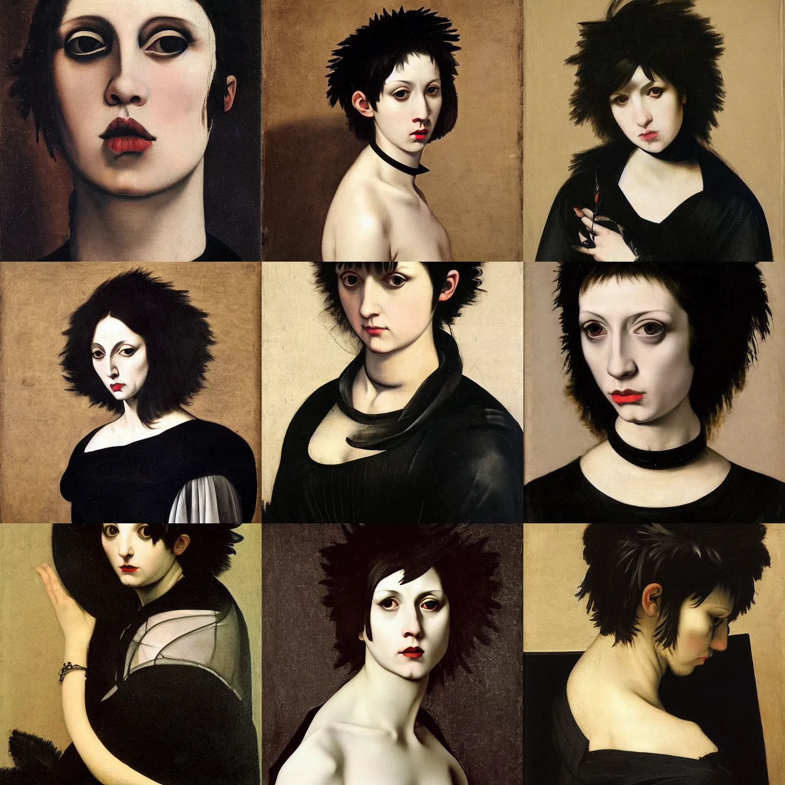Prompt: A goth painted by Caravaggio. Her hair is dark brown and cut into a short, messy pixie cut. She has a slightly rounded face, with a pointed chin, large entirely-black eyes, and a small nose. She is wearing a black tank top, a black leather jacket, a black knee-length skirt, a black choker, and black leather boots.