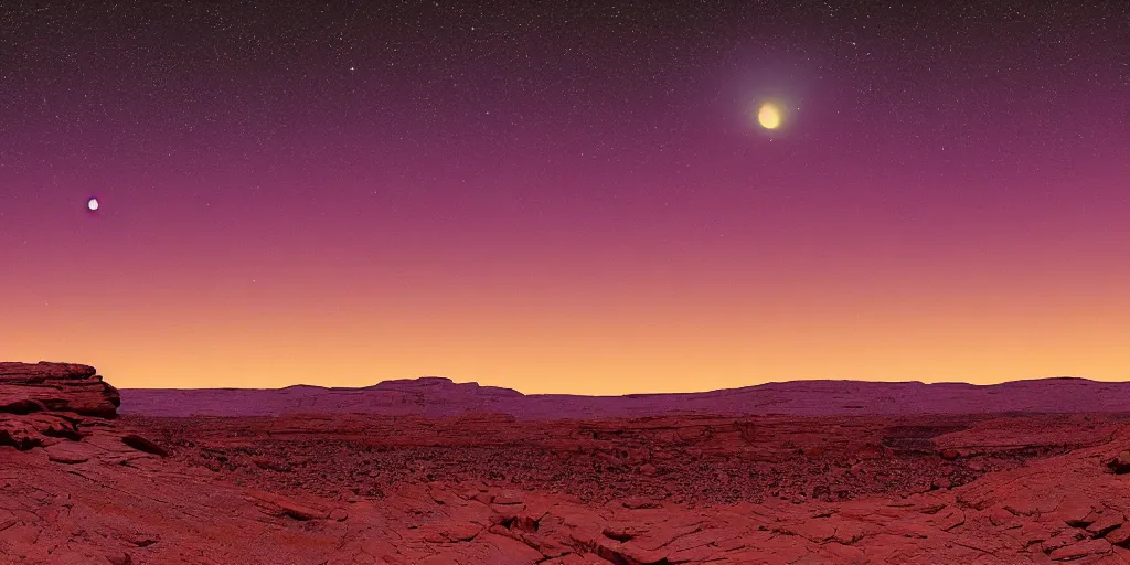 Image similar to a view looking out of a cave of a dried up river bend running through a canyon surrounded by desert mountains at sunset on mars, purple sky, two moons, planet mars, moab, utah, a tilt shift photo by frederic church, trending on unsplash, hudson river school, photo taken with provia, national geographic photo