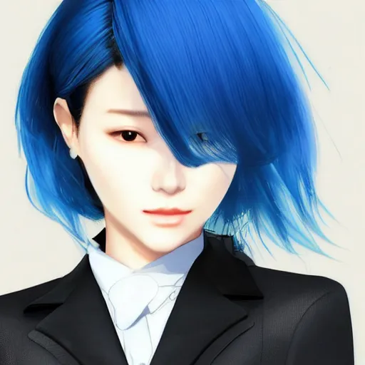 Image similar to beautiful korean woman with blue hair wearing a suit, yoji shinkawa