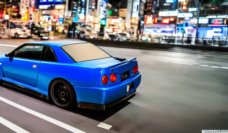 Image similar to wideshot of a Bayside Blue R34 Skyline GT-R driving in tokyo at night, highly detailed, 4k photo, shot with sony alpha