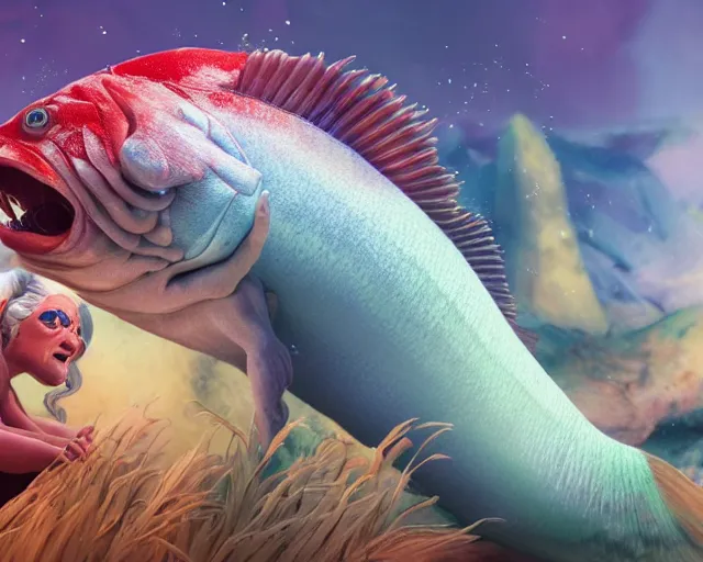 Image similar to of a very beautiful scene. ambient occlusion render. a sweet fat old woman is giving birth to a huge colorful fish. hyper realistic. 4 k. wide angle. wild. symmetrical face, red mouth, blue eyes. deep focus, lovely scene. ambient occlusion render. concept art. unreal engine.