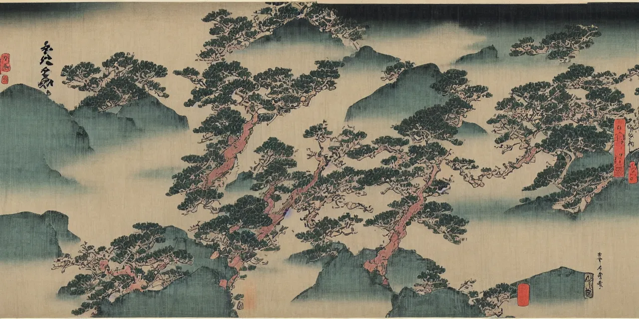 Image similar to sakuras, taoist monks and temples in huangshan, artwork by katsushika hokusai and utagawa hiroshige on old parchment