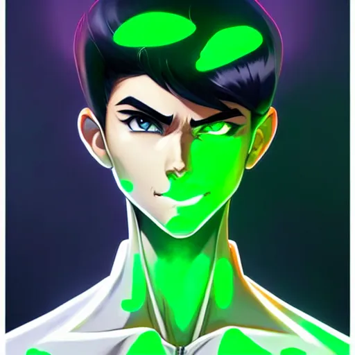 Image similar to a full body character design by artgerm, wlop, ross tran. young danny phantom!! glowing green eyes!! sharp teeth!! face sharp edges. ultra clear detailed. 8 k. ultra detailed, elegant, intricate, octane render.