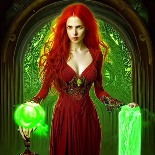 Image similar to Portrait of female sorceress with long red wavy hair and a green dress and a goblet with a glowing potion in it, epic dark fantasy, medium shot, intricate, elegant, highly detailed, digital painting, artstation, concept art, smooth, sharp focus, illustration, art by artgerm and greg rutkowski and alphonse mucha