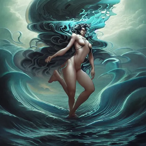 Prompt: powerful goddess of water clothed in swirling water striding through a stormy sea, highly detailed matte fantasy painting, stormy lighting, by Ross Tran and Artgerm and Peter Mohrbacher