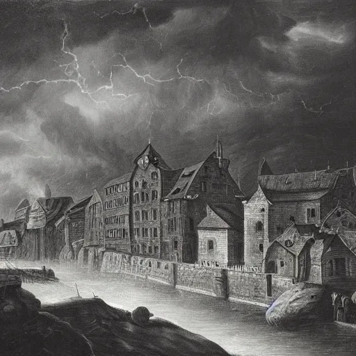 Prompt: dark fantasy, 17th century German city, dark stone, rain, river, hyper-detailed