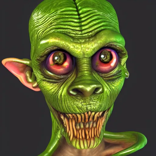 Prompt: glistening slimy ugly goblin, shadowy lighting, very detailed, 4 k, portrait