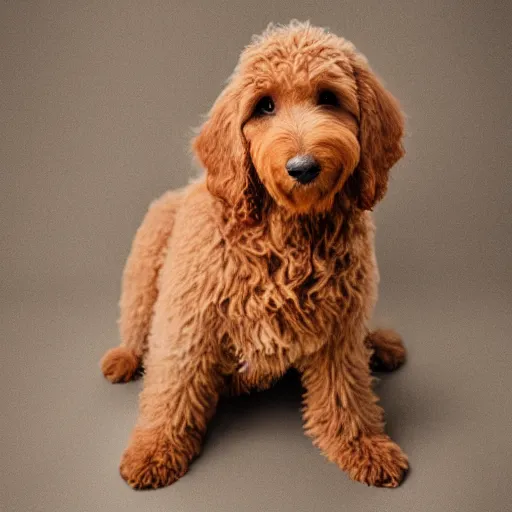Prompt: a Goldendoodle except their body looks like greasy fried chicken, spot lighting from above, realisitc photo, f/1.4 HDR aperture, UHD studio quality