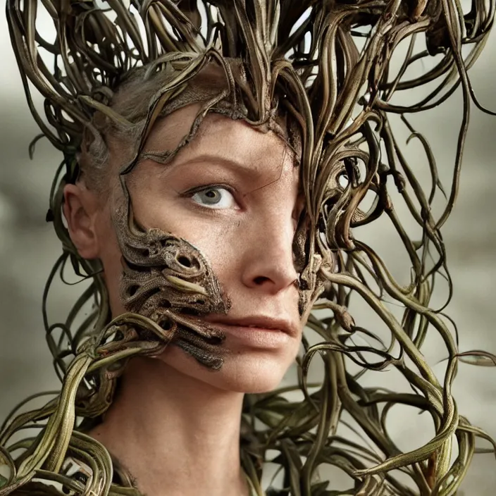 Prompt: closeup portrait of a cyborg woman with twisting roots and lilies growing out of her face, standing in a desolate apocalyptic city, by Annie Leibovitz and Steve McCurry, natural light, detailed face, CANON Eos C300, ƒ1.8, 35mm, 8K, medium-format print