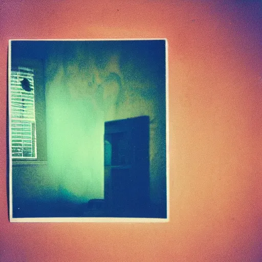 Image similar to coloured atmospheric polaroid photo of a with transparent ghostly banshee corpse body floating in old living room interior flashlight lighting