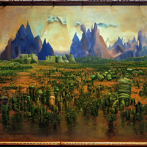 Prompt: beautiful filmed in IMAX dieselpunk painting of a beatiful scenic mountain range surrounded by grainy Zucchini hexagons, by Leonardo da Vinci and Peter Gric and Mark Rothko and Hans Andersen Brendekilde